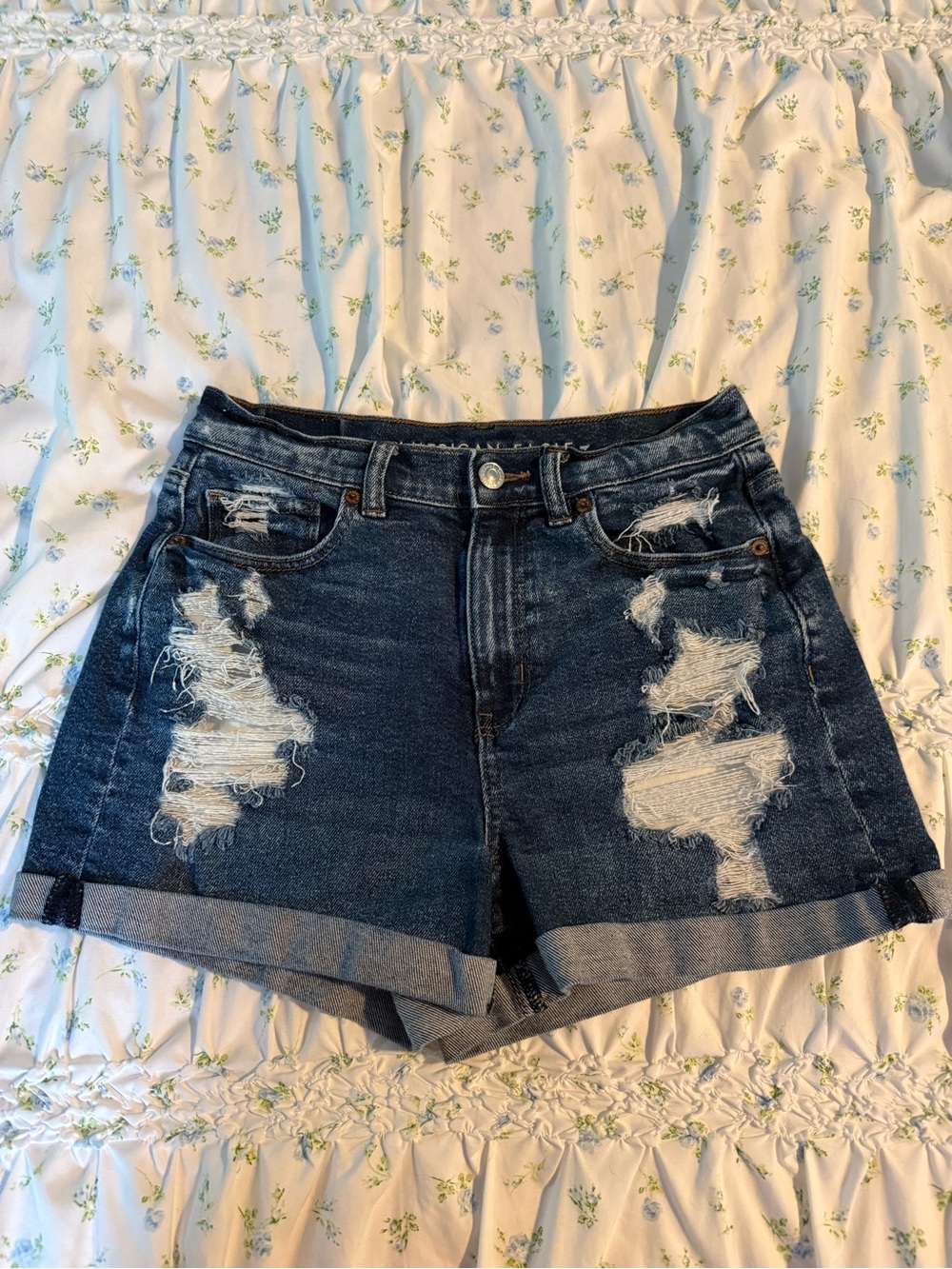 American Eagle High Rise Dark Blue Distressed Rolled Hem Mom Jean Shorts